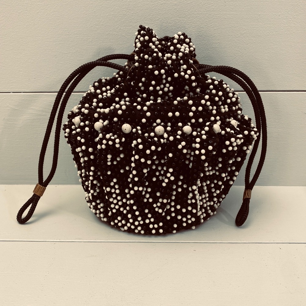 Vintage 60s Beaded Drawstring Bucket Bag Black White Pencil Holder Artist Purse